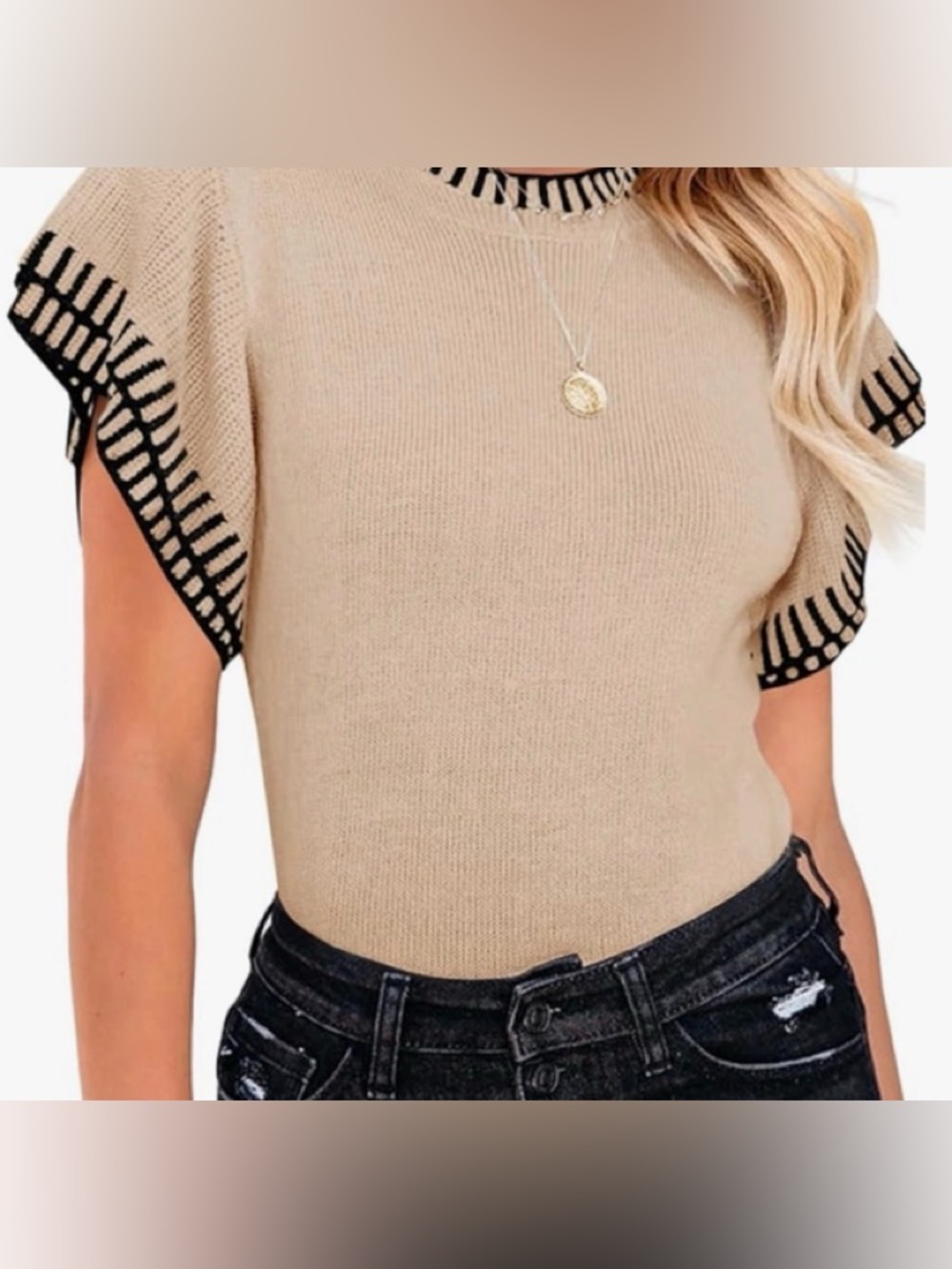 Cream Short-Sleeve Sweater with Black Trim